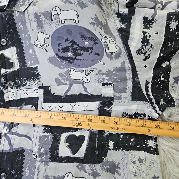 Vintage Mens Large Silk Button Up Gray Abstract Elephant Art Unique 80s Funky - Picture 11 of 12